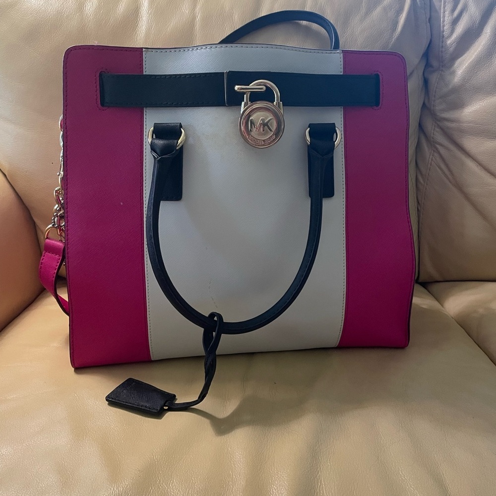 Michael Kors Fuchsia and White Tote with Black Details